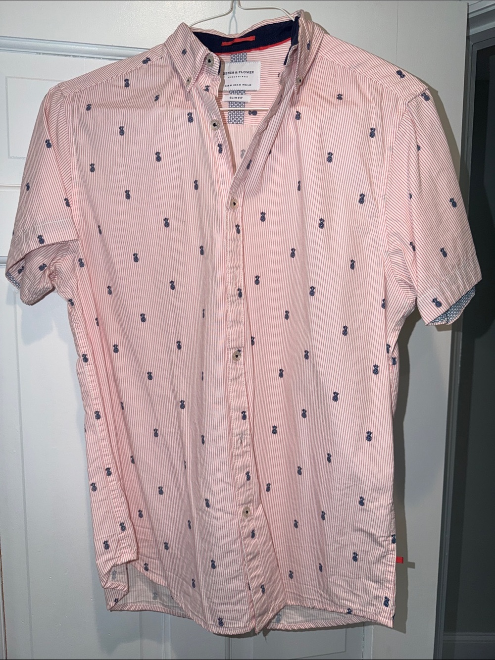 Men's Pink Striped Short-Sleeve Shirt with Navy Pineapple Print
